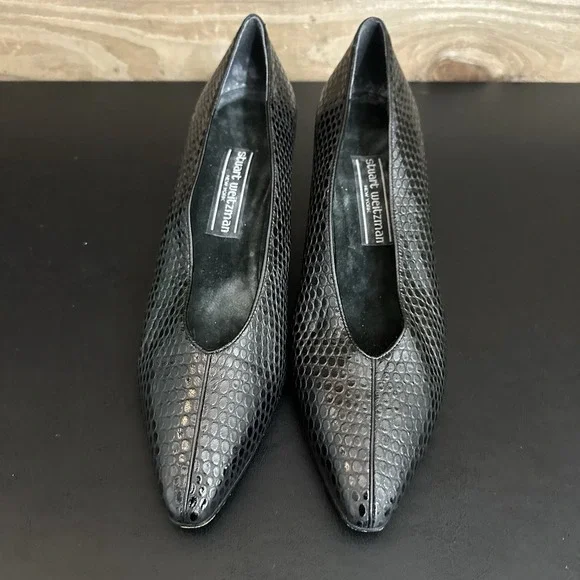 Vtg Stuart Weitzman Black Snakeskin Heel Pointed Toe Pumps Heels 8.5 B Designer - Picture 6 of 11
